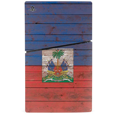 Haiti Flag Dark Wood PS5 Slim Disk Console Skin